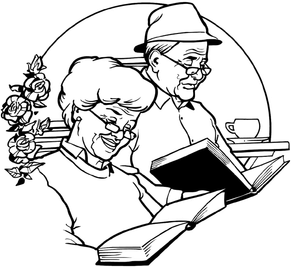 Older couple reading books vinyl sticker. Customize on line. People 069-0542